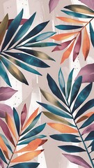 Abstract geometric watercolor palm leaf poster. Modern minimal illustration with palm leaf and hand drawn texture for minimalist print, cover, boho wall decor, mid century design, trendy art