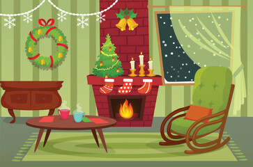 Warm fire crackling in a fireplace, inviting rocking chair, decorated christmas tree, and steaming mugs create a cozy holiday atmosphere in a festive living room