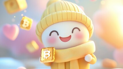 Cheerful chibi Bitcoin character with golden bar in pastel colors