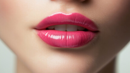 Fototapeta premium A woman with a beautiful pink lip is smiling