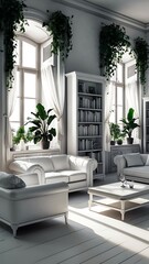 Fototapeta premium White minimalist room interior with furniture. Home nordic interior. 3D illustration