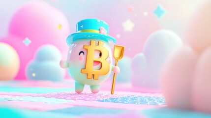 Obraz premium Cheerful 3D Bitcoin character in magical pastel setting