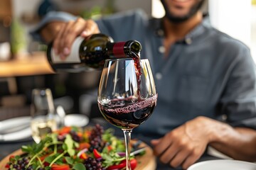 Close Up Unrecognizable Waiter Pouring Red Wine. Upscale, Restaurant Setting. Evening Mood