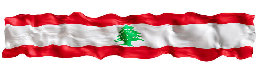 Stylized flag of Lebanon waving in the wind on transparent background. Footer, header or divider. Cut out wide, panoramic element. Banner for patriotic themes or national event promotions. 3D.