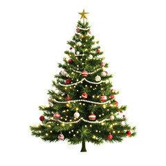 Fototapeta premium beautifully decorated s tree with ornaments, lights, and star on top, perfect for festive celebrations and holiday spirit. isolated on transparent background