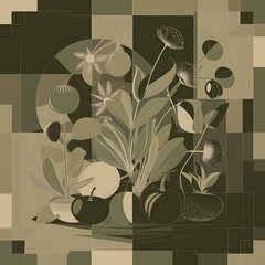Plants and flowers in Bauhaus style Abstract geometric pattern. Minimal natural fruit plant simple shapes floral poster . Natural organic fruit plants Vector illustration