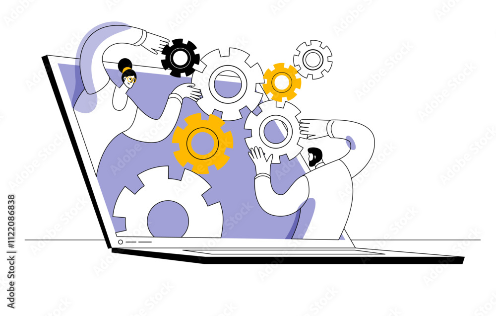 Wall mural a team of analysts works with data in the form of various graphs on a laptop. funny vector illustrat