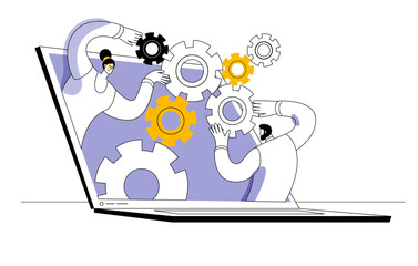 A team of analysts works with data in the form of various graphs on a laptop. Funny vector illustration on the topic of business analysis and group work.