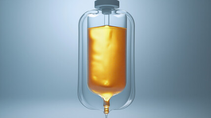 A clear IV bag containing golden liquid, set against a soft gradient background, symbolizing medical treatment or nutrient infusion.