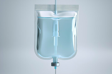 A sterile IV bag filled with clear fluid, suspended from a drip line, commonly used in medical settings for hydration or medication delivery.