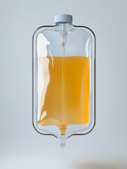 A transparent medical IV bag filled with a light orange fluid, suspended against a neutral background, highlighting its medical use.
