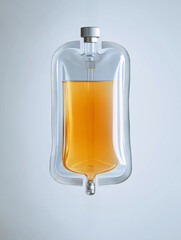 A clear intravenous bag filled with amber-colored liquid against a light background, highlighting medical use and fluid administration.
