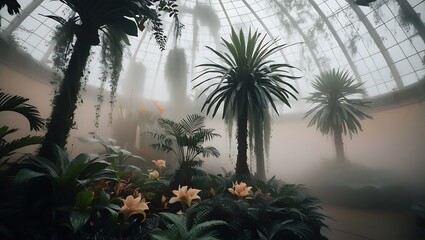 Misty Greenhouse Filled With Lush Tropical Plants And Flowers