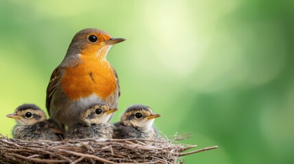 Mother bird nurturing chicks in nest nature photography soft focus environment close-up view