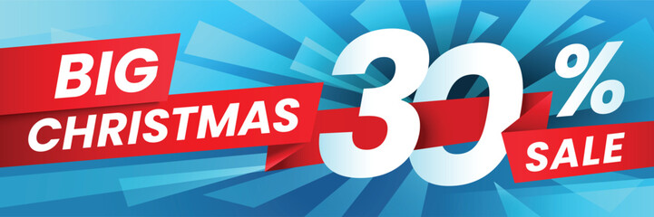 Red ribbons with big christmas sale writing and a big 30 percent discount on. a blue background with light blue rays coming from the center promote holiday shopping