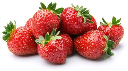 Fresh ripe strawberries pile on white.