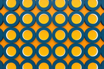 Abstract button-shaped background; many dark blue cylinders on yellow wall; circular repeating pattern; flat lay, 3d rendering, 3d illustration