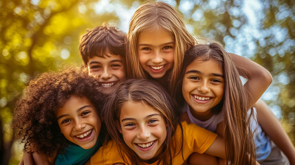 Obraz premium Six pre-teen friends piggybacking in a park, captured in a close-up portrait.