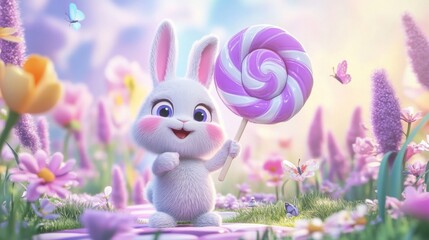 Bitcoin logo bunny with lollipop in whimsical 3D scene