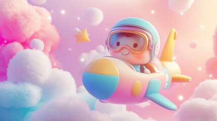 Chubby BTC logo character pilots cotton candy spaceship in clouds