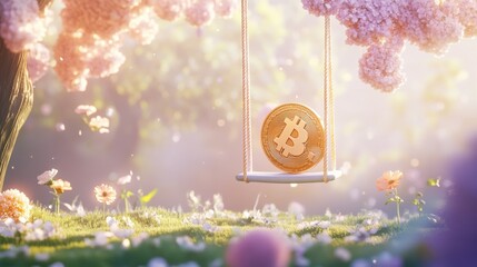 Bitcoin coin with friendly face on swing in garden