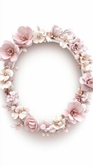 Obraz premium An ultra-realistic white circular frame with pink and cream-colored flowers around the outside of it. The middle is blank for writing on, This will be used as a profile picture. Make sure there are no