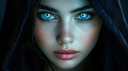 Close-up of a woman face in a hood with beautiful eyes looking straight ahead, background wallpaper AI generated image