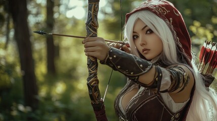 An Asian female cosplayer dressed as a fantasy archer, intricately designed and leather armor with metal accents. He was holding a crossbow AI generated image