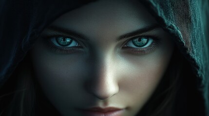 Close-up of a woman face in a hood with beautiful eyes looking straight ahead, background wallpaper AI generated image