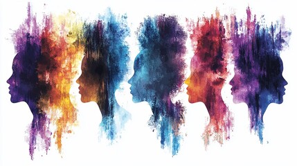 Fototapeta premium Colorful profile portraits of diverse women, abstract watercolor style.