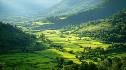 Fototapeta premium Beautiful terraced rice fields bathed in sunlight amidst lush green valleys, showcasing nature’s agricultural artistry in an idyllic rural landscape.