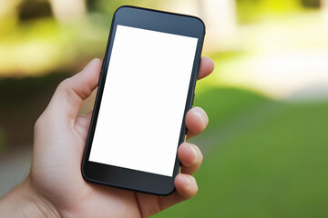 Hand holding a smartphone with a blank screen outdoors