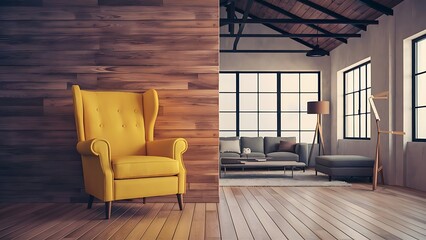 Living room interior in loft style with yellow armchair on empty wooden wall background.3d rendering