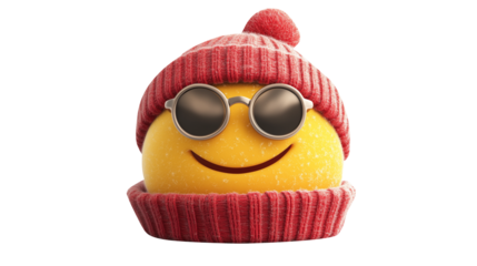 Smiley face with red beanie and sunglasses, representing winter fun, isolated on a transparent PNG background