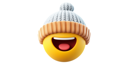 Smiley emoji face wearing a cozy knit hat, expressing joy, isolated on a transparent PNG background