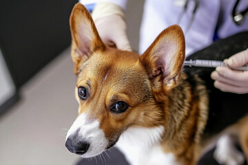 Obraz premium Corgi receiving vaccination at veterinary clinic