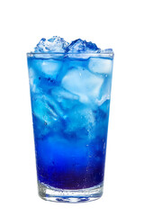 Glass of vibrant blue iced drink, isolated on a transparent PNG background, perfect for refreshment concepts