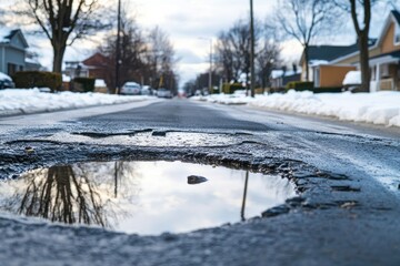 Pothole on a Snowy Street Reflecting Trees and Cloudy Sky in a Suburban Neighborhood During Winter with Residential Homes in the Background