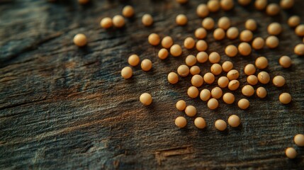 Small round soybeans lay casually on an aged wooden surface showcasing their natural light color and organic round shape inviting exploration