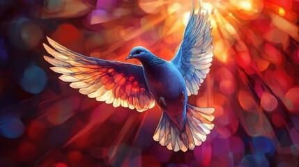 Obraz premium A vibrant digital painting of a blue dove in flight, its wings ablaze with warm colors against a bokeh backdrop. A symbol of peace and hope.