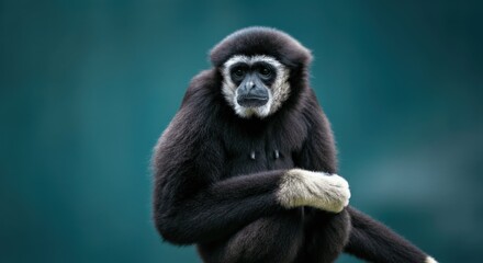 Fototapeta premium Captivating gibbon in natural habitat highlighting primate conservation and biodiversity