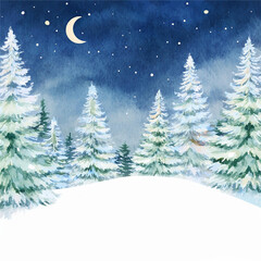 Fototapeta premium Watercolor illustration of a Merry Christmas or Happy New Year invitation card or dedication with copy space for text of a Christmas night landscape with pine trees and snow
