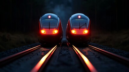 Dramatic Collision of Two High-Speed Trains Head-On, Neon Lights Highlighting Extreme Speed and Intense Impact