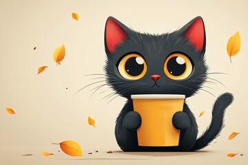 cute cartoon cat drinking coffee. The design should be simple and colorful, suitable for social media stories