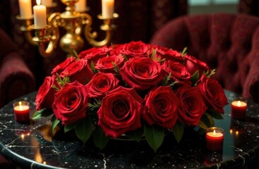 Obraz premium Circular arrangement of red and gold roses adorned with subtle glitter. They rest on a black marble table surrounded by a golden candelabra with flickering flames