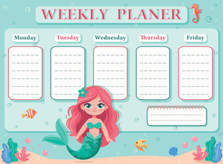 A weekly planer for a student. School Time Table Template with a sweet and beautiful mermaid. Vector illustration in flat cartoon style