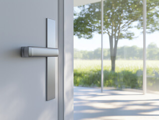 Moderne Glast&uuml;r mit Blick auf eine ruhige Gr&uuml;nlandschaft

