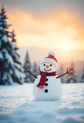 A snowman with a red hat and scarf stands in a snowy forest at sunset.