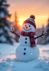 A snowman with a red hat and scarf stands in a snowy forest at sunset.