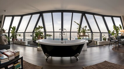 Fototapeta premium Black bathtub inside of modern apartment with books on coffee table, panoramic windows and plants
